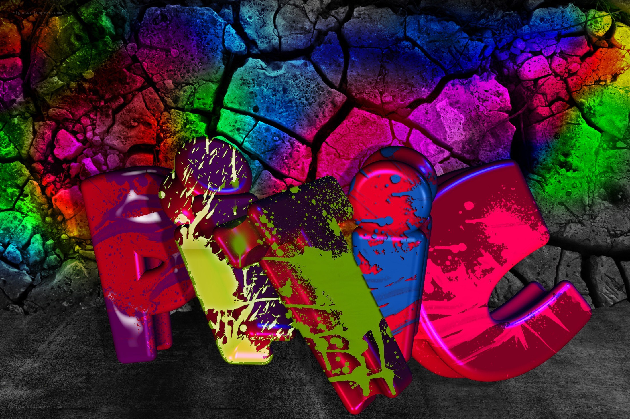 colorful graffiti text on cracked wall