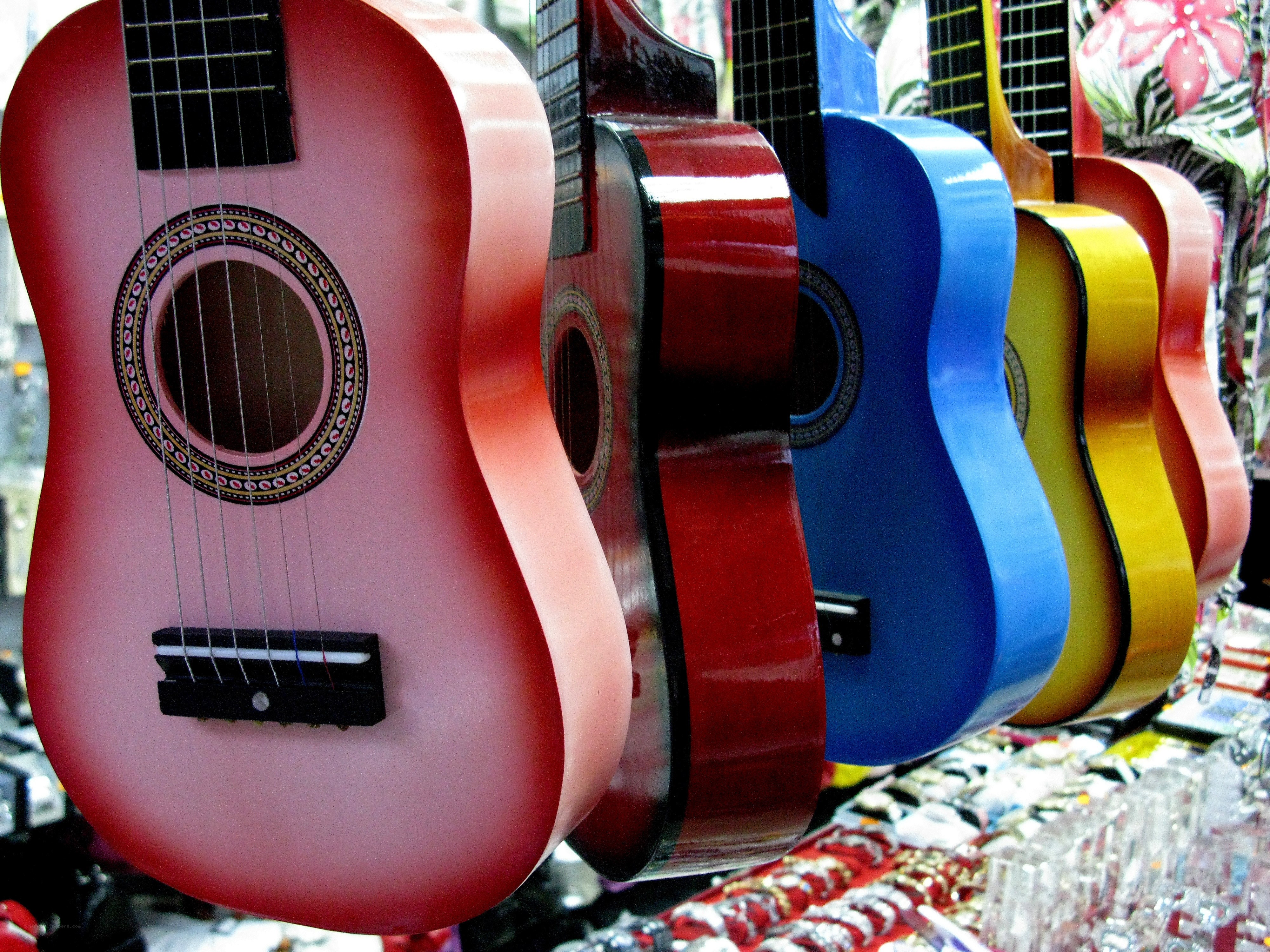 Colorful guitars on display