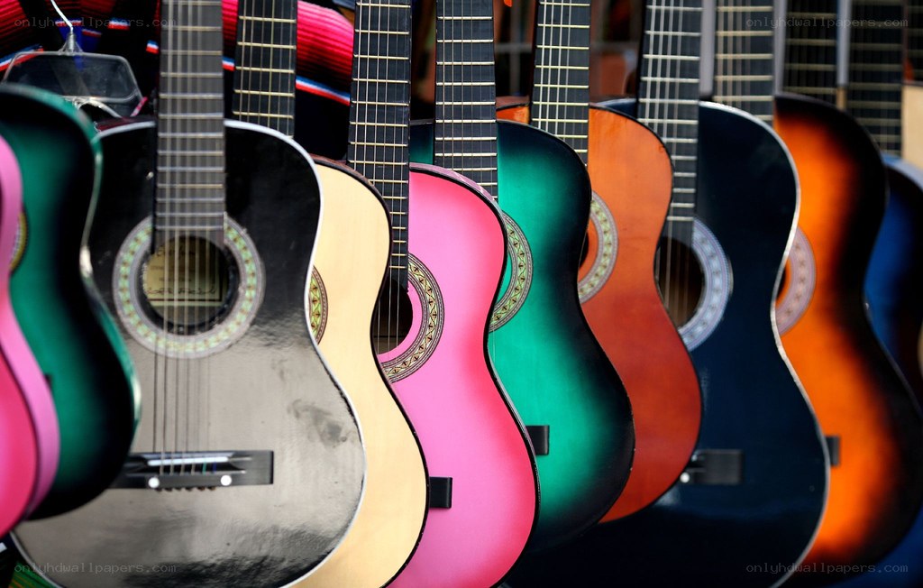 Colorful guitars on display