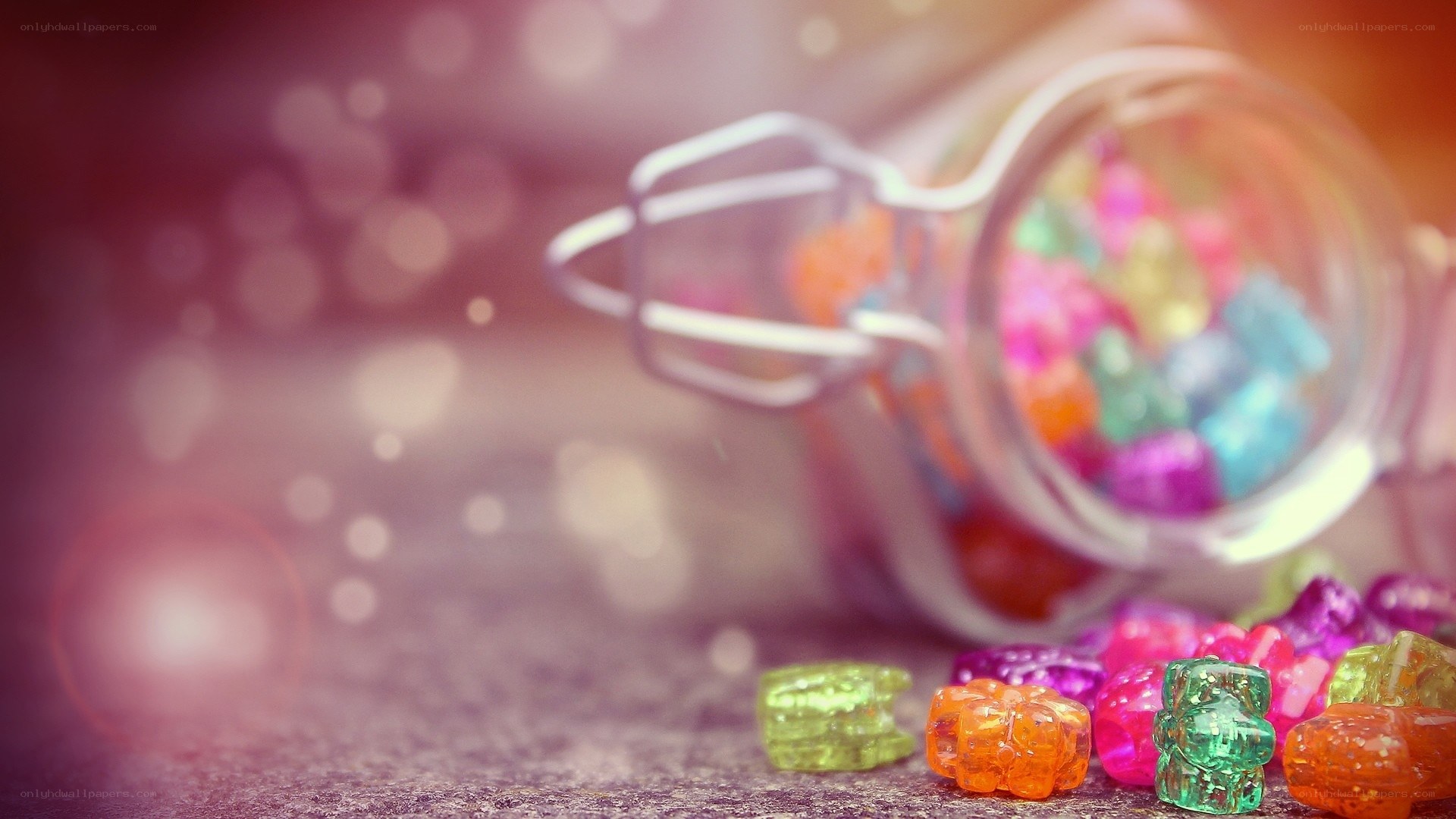 Colorful gummy bears spilled