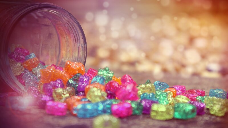 Colorful gummy bears spilling out