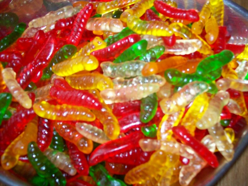 Colorful gummy worms in a bowl