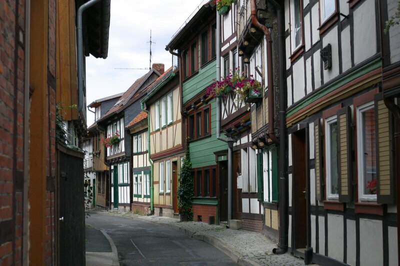 Colorful half-timbered houses in a narrow street