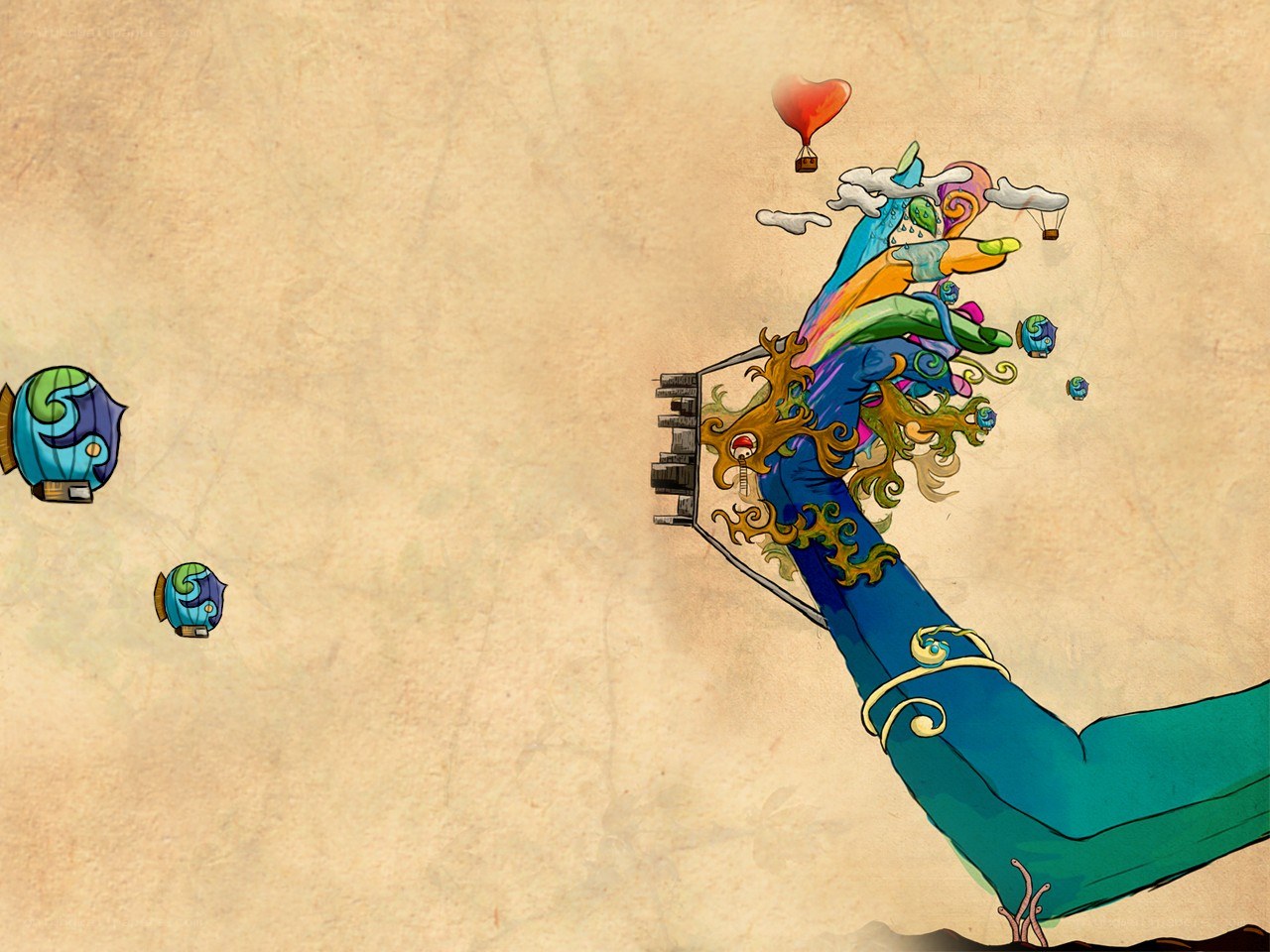 colorful hand with floating objects