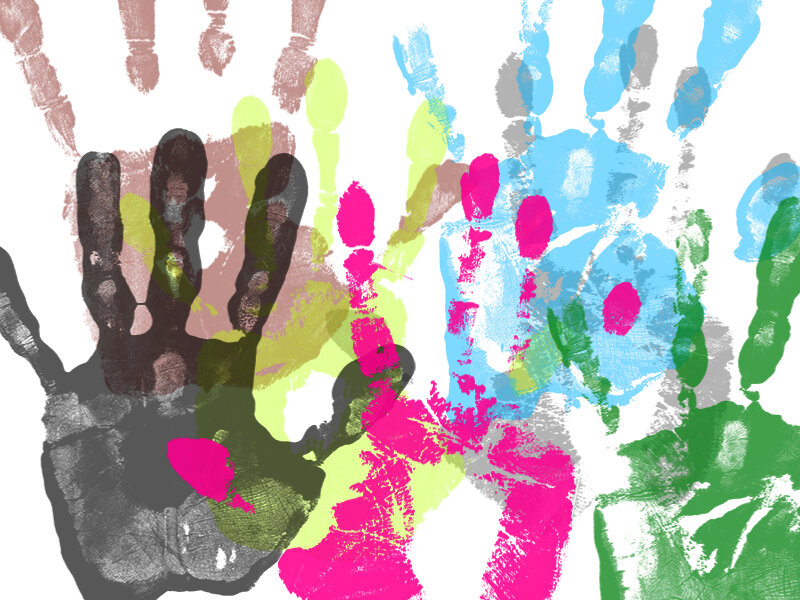 colorful handprints on white