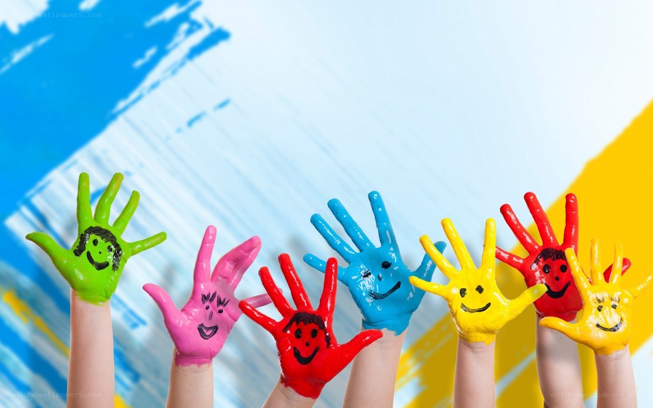 colorful handprints with smiley faces