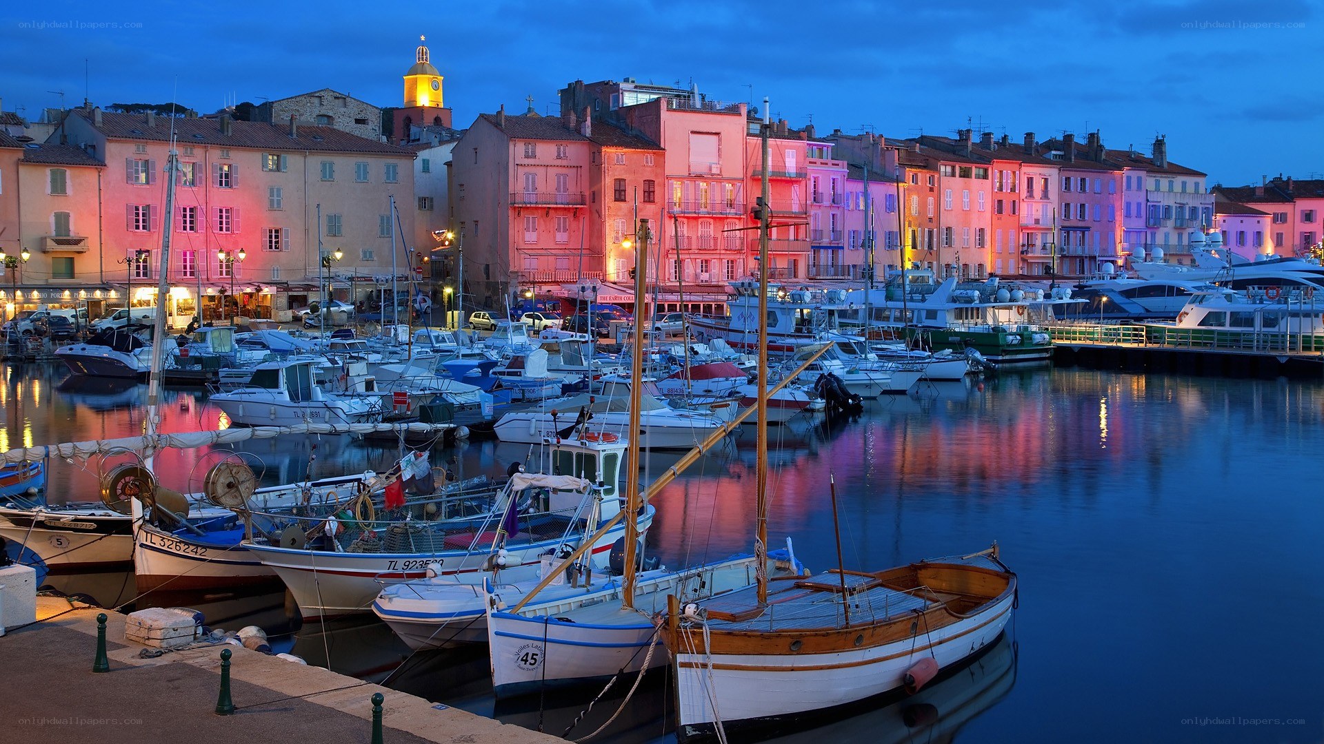 Colorful harbor at dusk