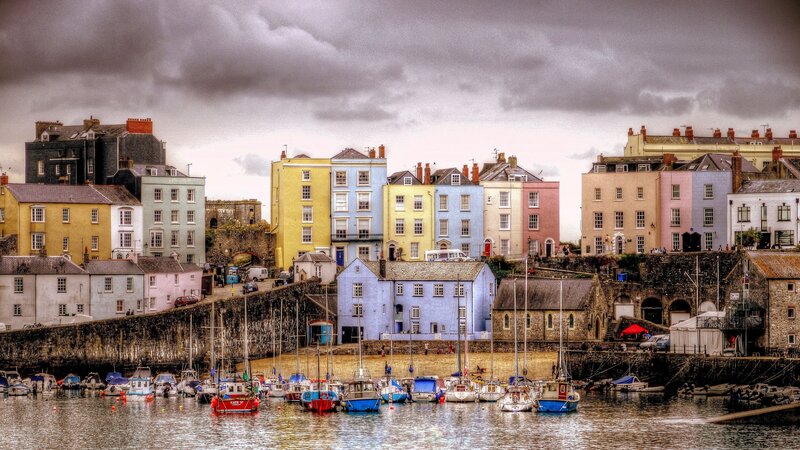 Colorful Harbor Town — Blue, Dramatic