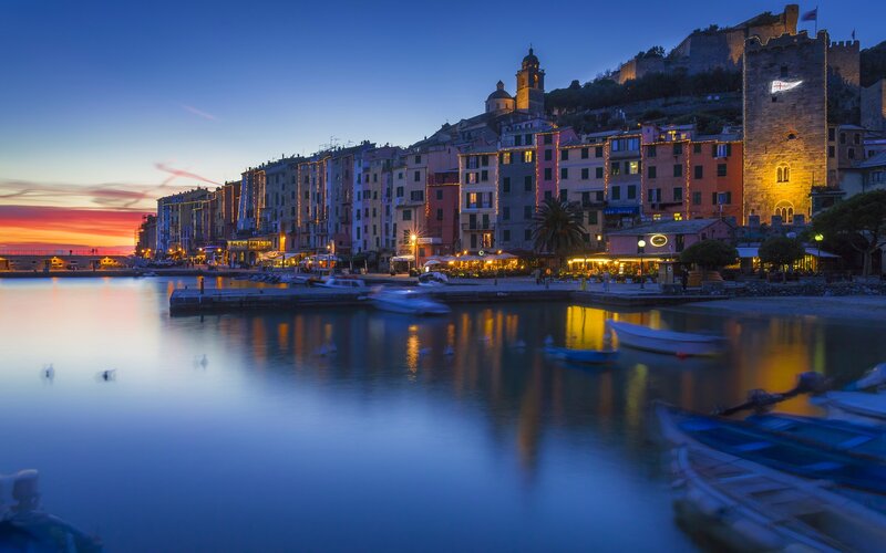 Colorful Harbor Town — Blue, Serene, Sunset