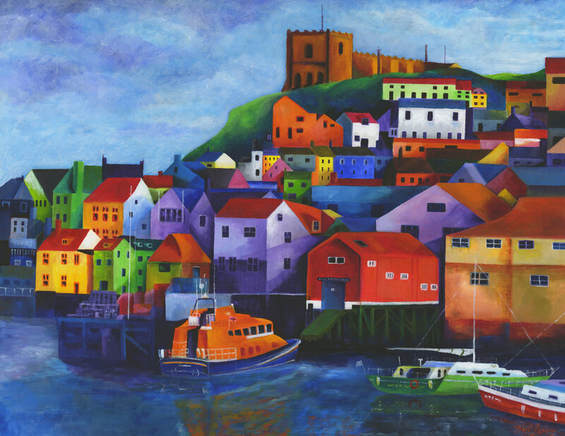 Colorful harbor town painting