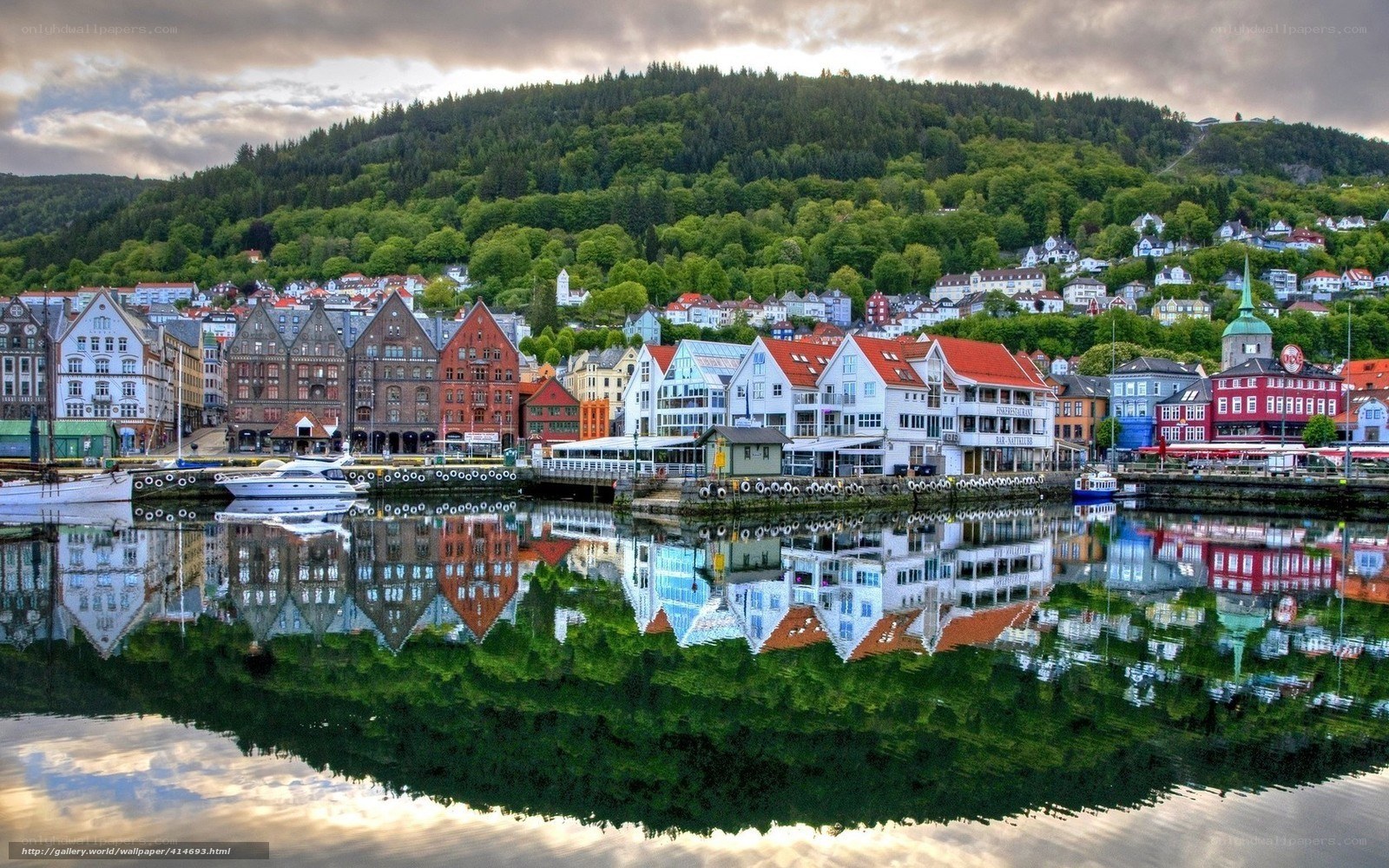 Colorful harbor town reflection