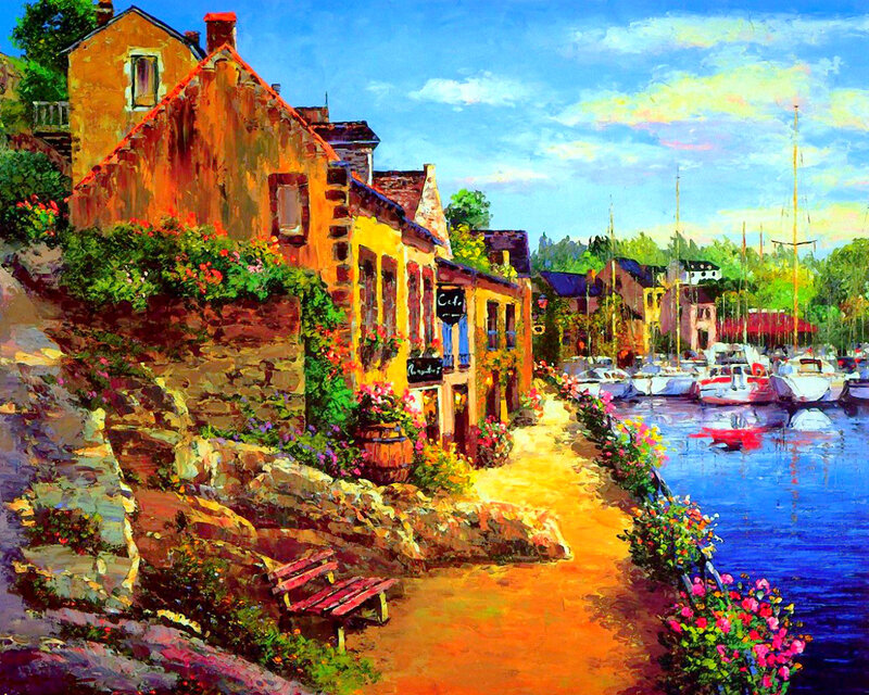 Colorful Harbor Village — Blue, Serene, Afternoon, Painting, Boats, Flowers