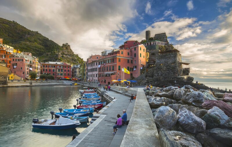 Colorful Harbor Village — Blue, Serene, Sunset, Photograph