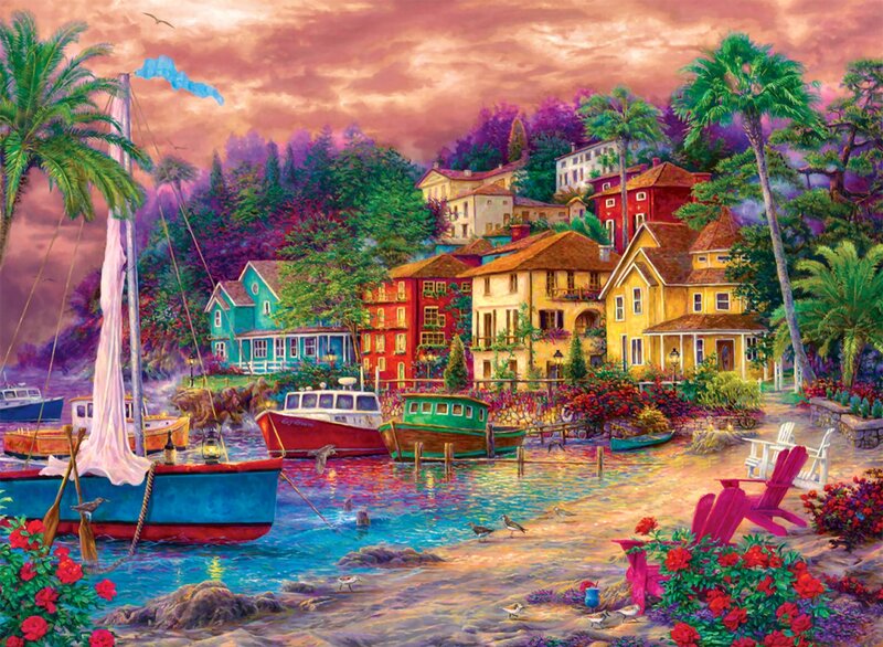 Colorful Harbor Village — Blue, Serene, Sunset