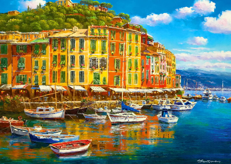 Colorful Harbor Village — Blue, Vibrant, Afternoon, Painting