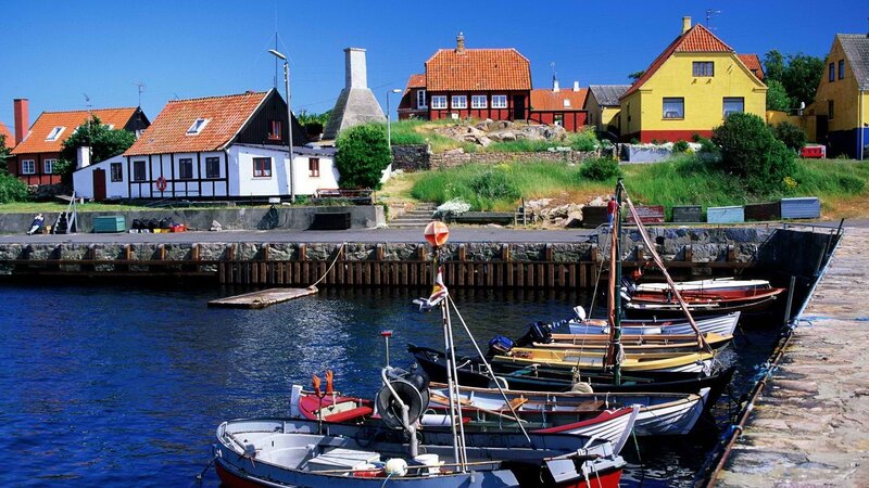 Colorful harbor village in Denmark