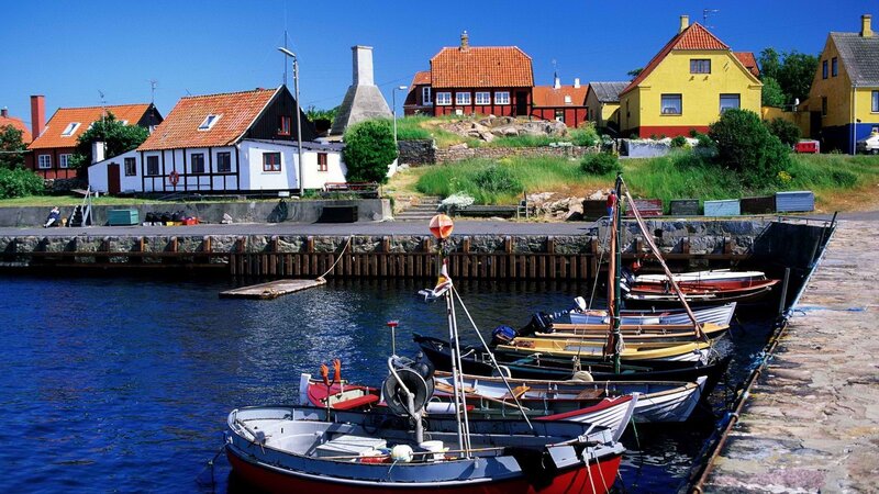 Colorful harbor village in Denmark