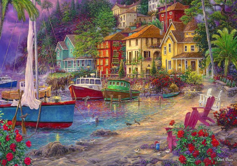 Colorful Harbor Village — Yellow, Serene