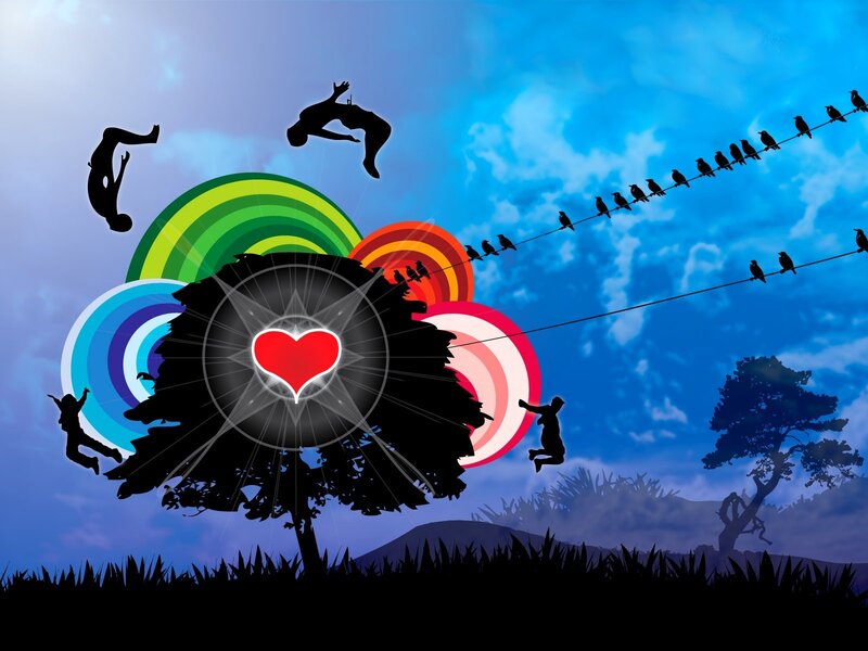 Colorful heart and silhouettes