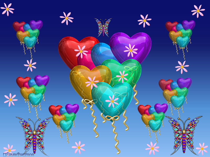 Colorful heart balloons and butterflies