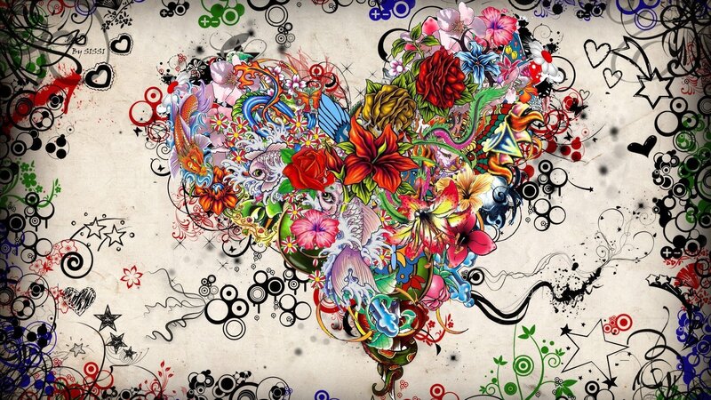 Colorful Heart Design — Red, Vibrant, Digital Art, Flowers, Fish, Hearts, Stars, Blue