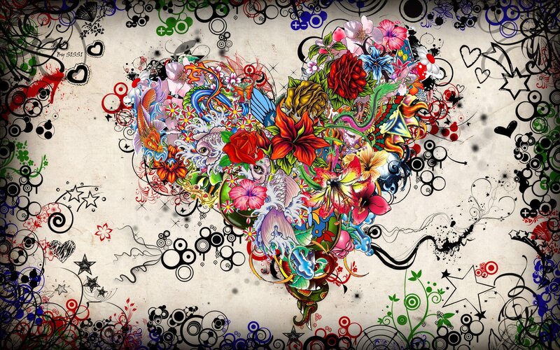 Colorful Heart Design — Red, Vibrant, Digital Art, Flowers, Fish, Hearts