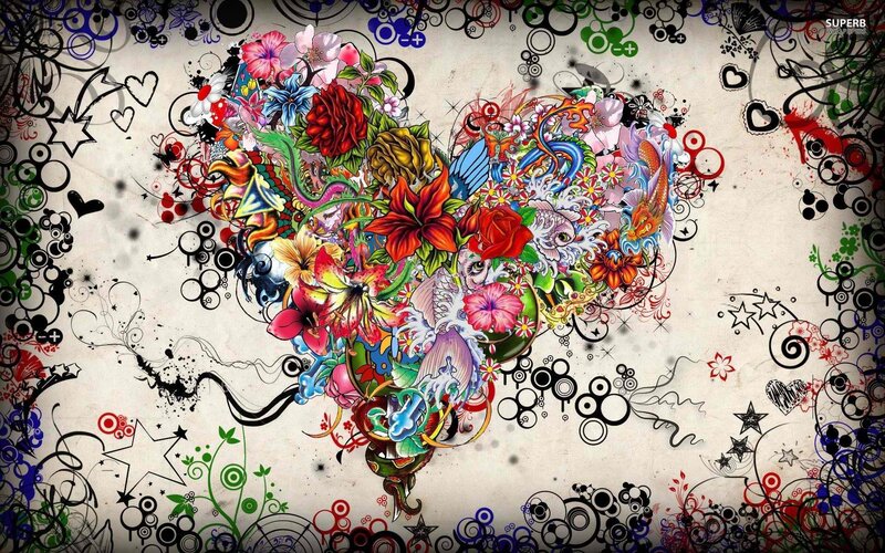 Colorful Heart Design — Red, Vibrant, Digital Art, Flowers, Fish, Stars