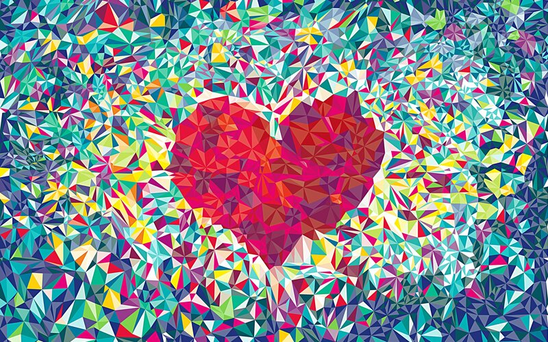 Colorful Heart Shape — Red, Vibrant, Digital Art, Triangles, Geometric Pattern