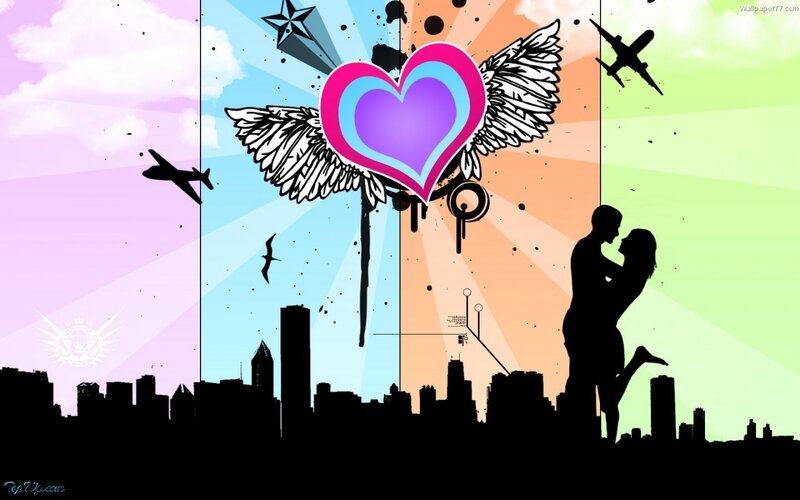colorful heart with couple silhouette