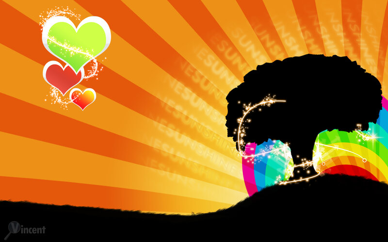Colorful hearts and rainbow silhouette