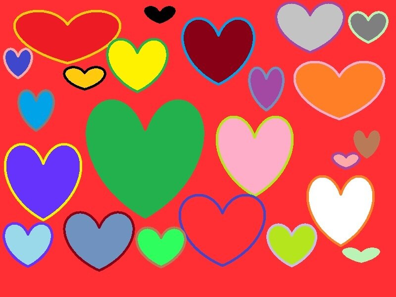 Colorful Hearts on Red