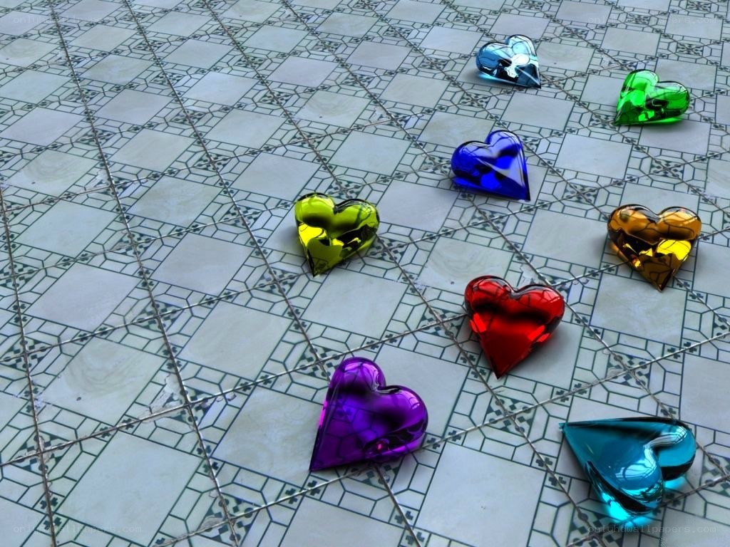 Colorful hearts on tiled floor