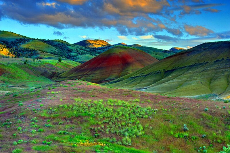 Colorful hills at sunset