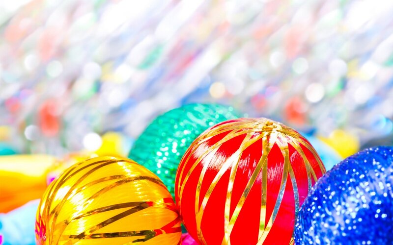 Colorful Holiday Ornaments — Red, Festive, Photograph, Ribbons
