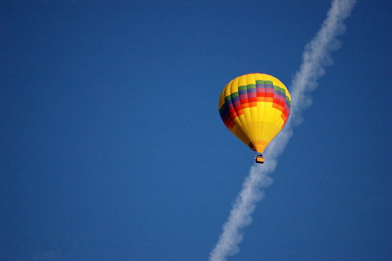 Colorful hot air balloon in blue sky