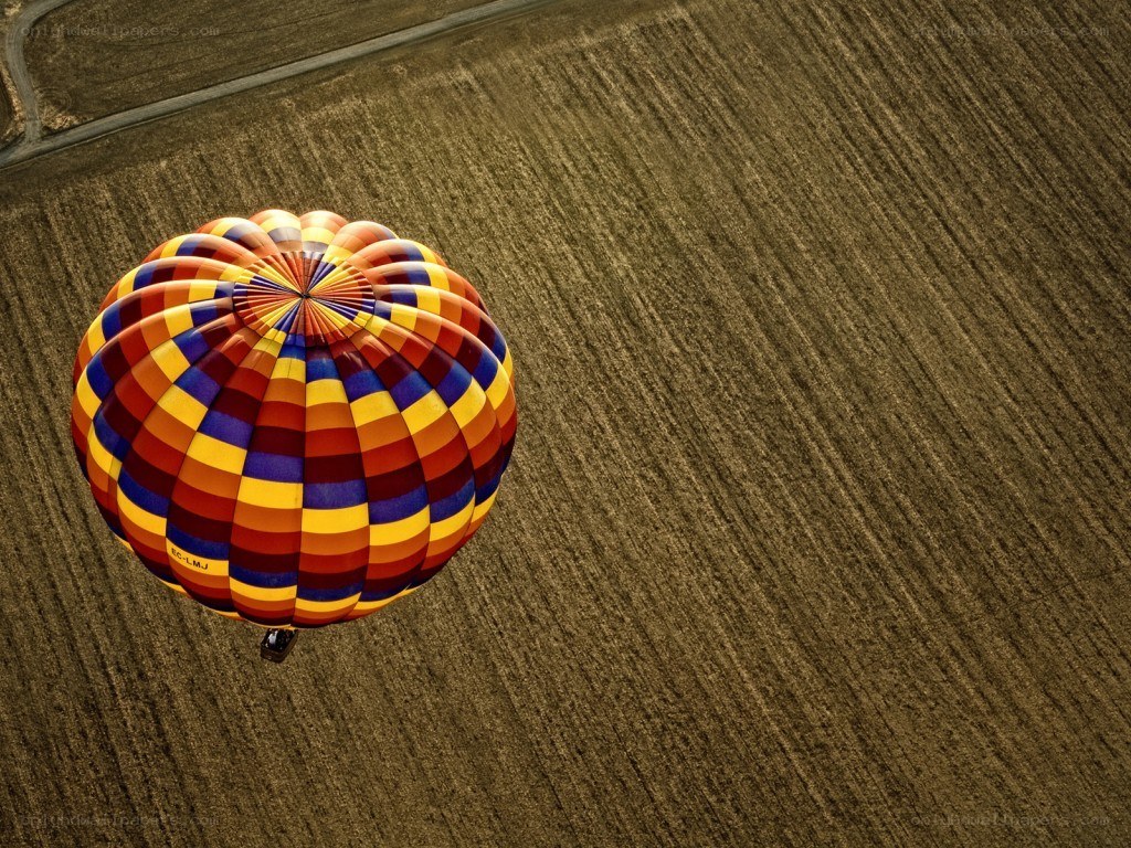 Colorful hot air balloon over fields