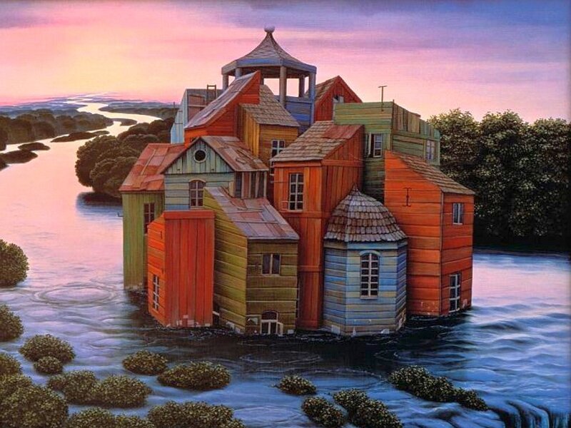 Colorful house on a river island