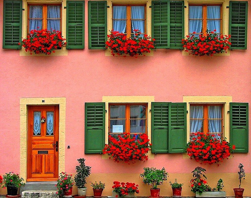colorful house with flower boxes