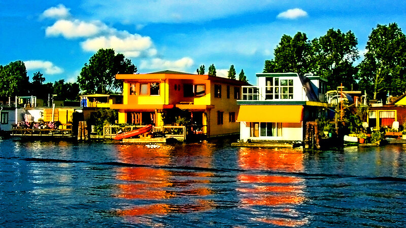 Colorful Houseboats on Water
