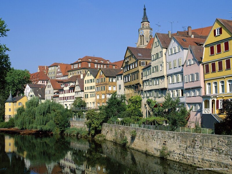 Colorful houses along a river