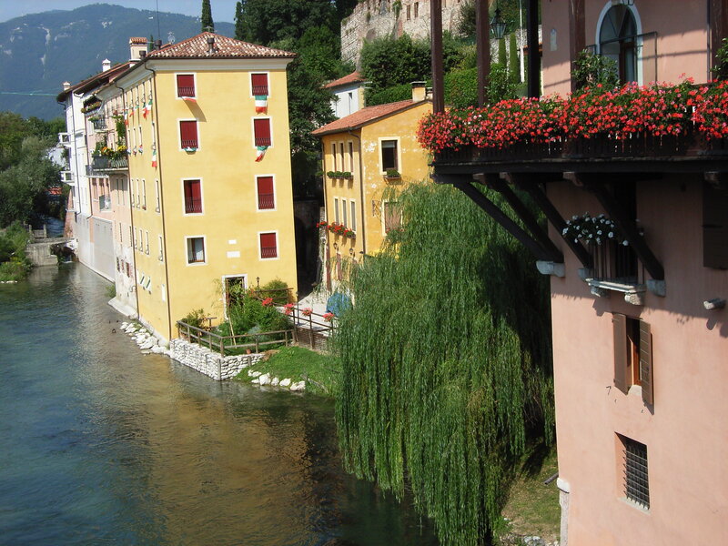 Colorful houses along a river