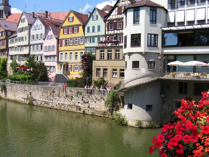 Colorful houses along a river
