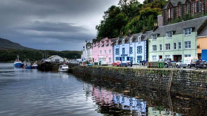 Colorful Houses by Harbor — Blue, Dramatic