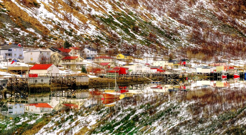 Colorful Houses by Water — Red