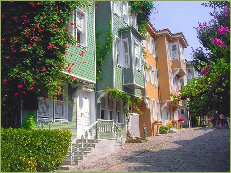 Colorful houses on a cobblestone street