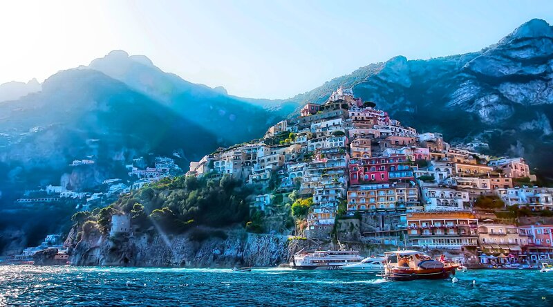 Colorful Houses on Cliff — Blue, Dramatic, Afternoon