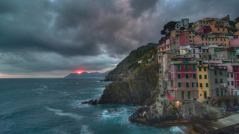Colorful Houses on Cliff — Blue, Dramatic