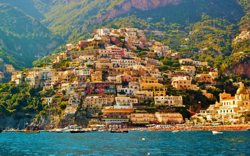 Colorful Houses on Cliff — Blue, Serene, Afternoon, Photograph
