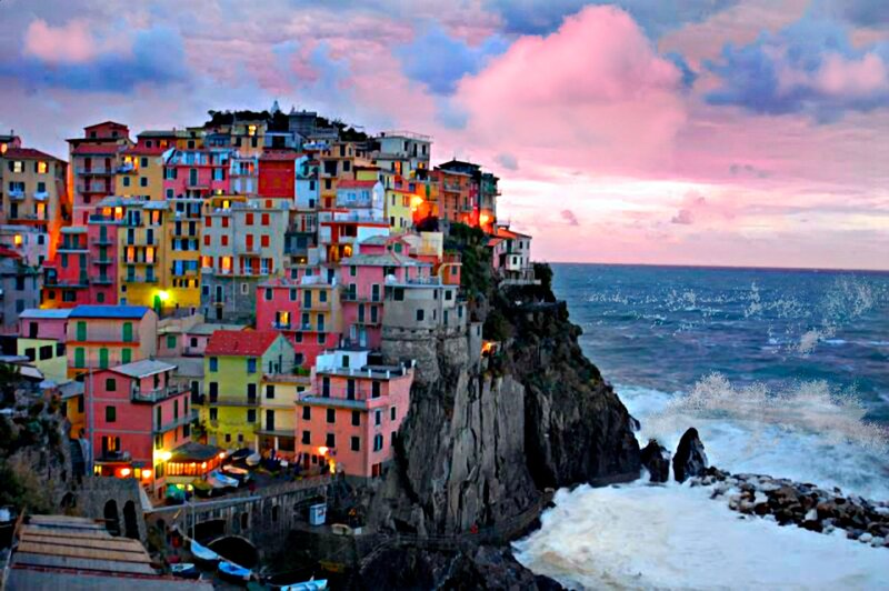 Colorful Houses on Cliff — Pink, Dramatic