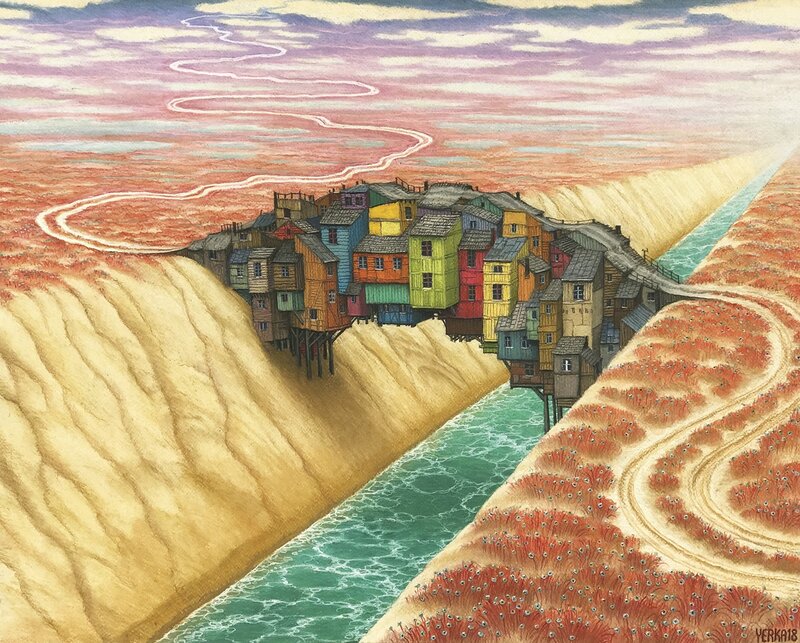Colorful Houses on Cliff — Red, Dramatic